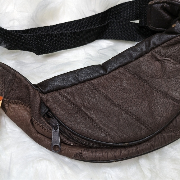 NWT Vintage Patchwork Genuine Leather Rawhide Brown Shoulder Crossbody Belt Bag - Picture 3 of 7